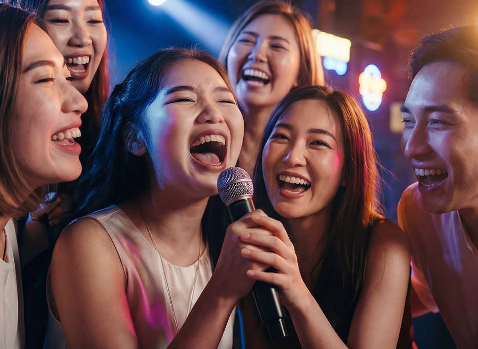 カラオケを楽しむ男女のグループ。華やかな照明と本格的な音響設備でのパーティー風景